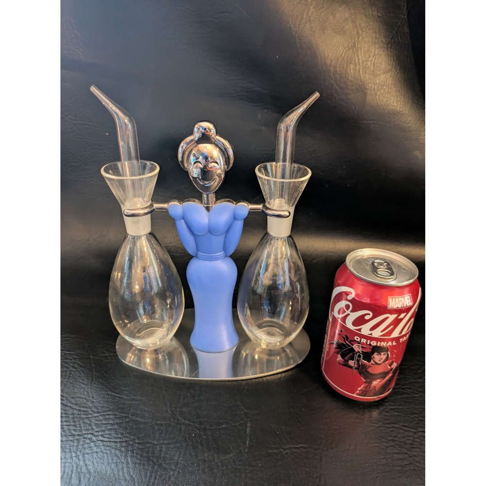 Casa Bugatti Trattoria Oil and Vinegar Cruet Set Blue Lady Figure Italy Chrome
